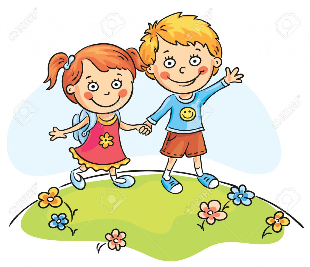 31896432-Dibujos-animados-Happy-ni-os-caminando-al-aire-libre-Foto-de-archivo