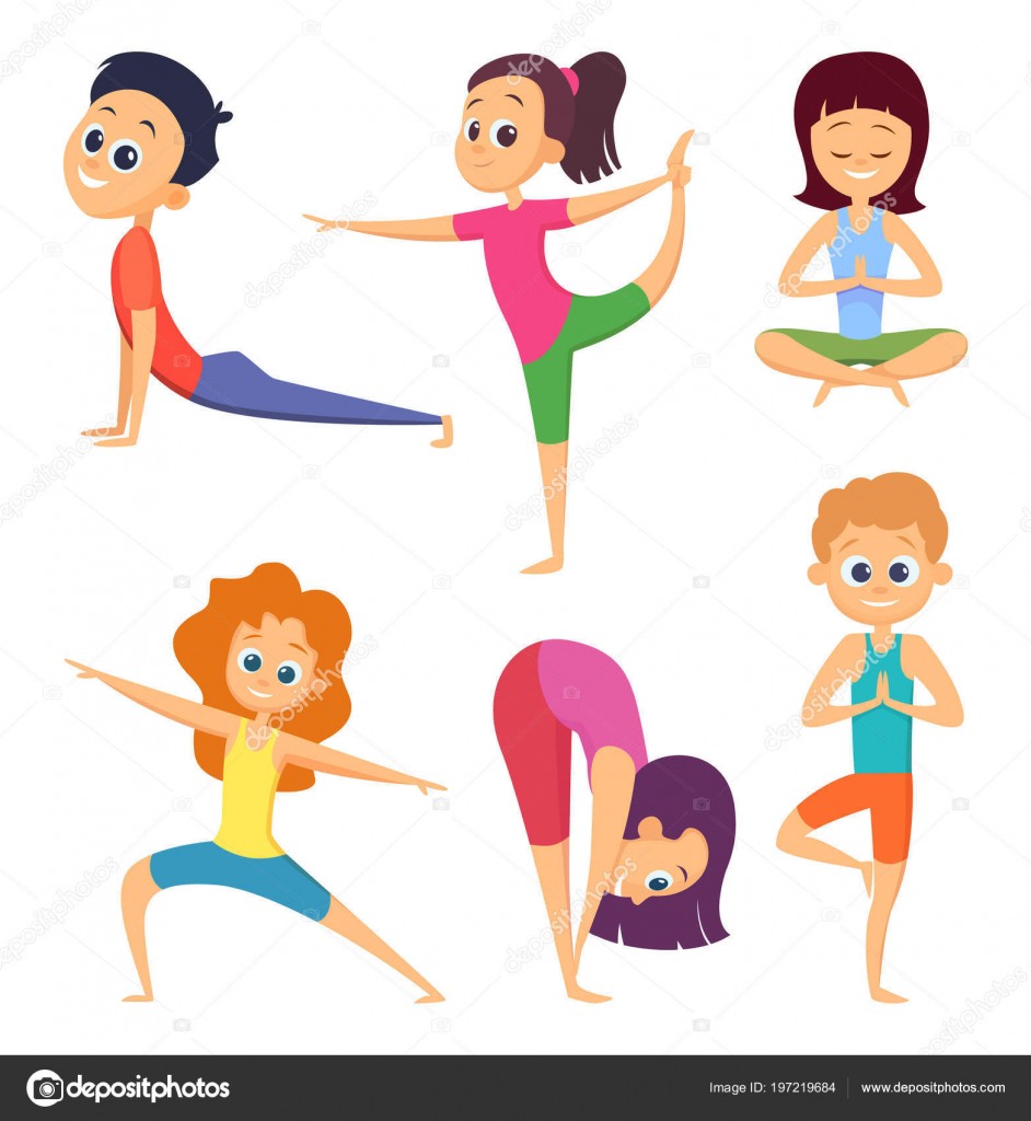 Yoga for kids. Happy childrens make different exercises. Cartoon characters set